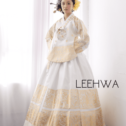 LeehwaWeddingModernHanbokDressKoreanTraditionalWearPleatWhiteGoldBridal