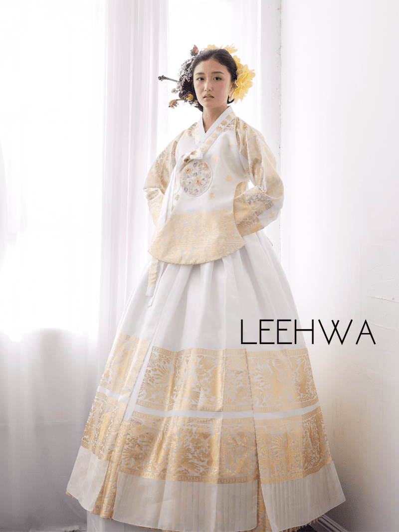 LeehwaWeddingModernHanbokDressKoreanTraditionalWearPleatWhiteGoldBridal